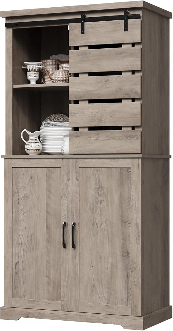 BOTLOG Kitchen Pantry Cabinet, Tall Storage Cabinet with Sliding Barn Door and Adjustable Shelves, Kitchen Freestanding Cupboard for Dining Room, Living Room, Laundry