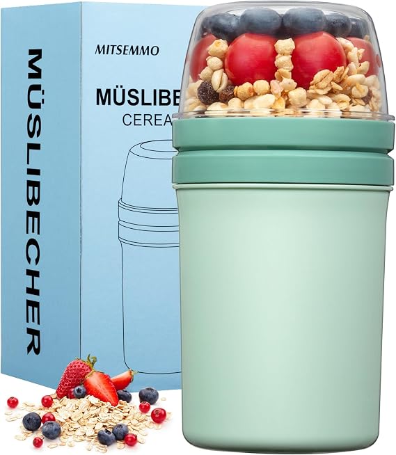 Mitsemmo Cereal Cup On The Go,600ml+270ml Breakfast Pots to Go,Yogurt and Granola Pot,Muesli Cup Travel Bowl and Milk Container for Work,Overnight Oats Jar with Lid & Spoon(Nordic Green)