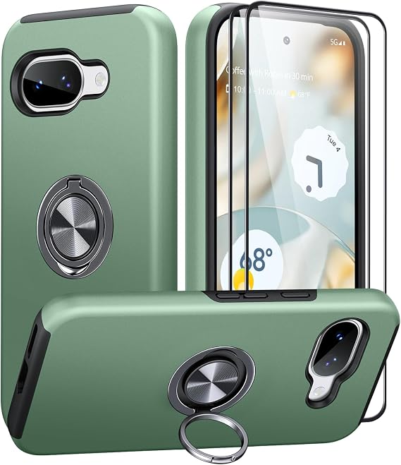 AOUIA for Google Pixel 9A Case with 2-Pack Screen Protector, 3-in-1 Set Cover, 360°Rotating Metal Ring Stand Anti-Scratch Shockproof Phone Case for Google Pixel 9A 6.3", Green