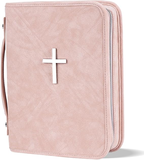 Vegan Leather Bible Cover Case, Bible Bag with Phone Pocket, Large Bible Case for Men Women, Christian Gift Box Packaging (Pink)