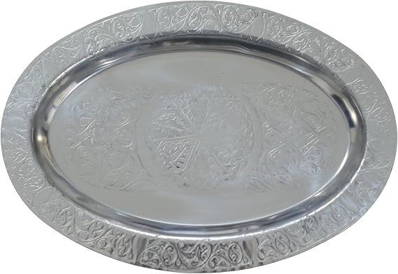 Paslanmaz Çelik Tepsi – 304 Kalite Krom Parlak Yüzey, Elde Tasarlanmış Desenli Geniş Servis ve Sunum Tepsisi (34 cm)