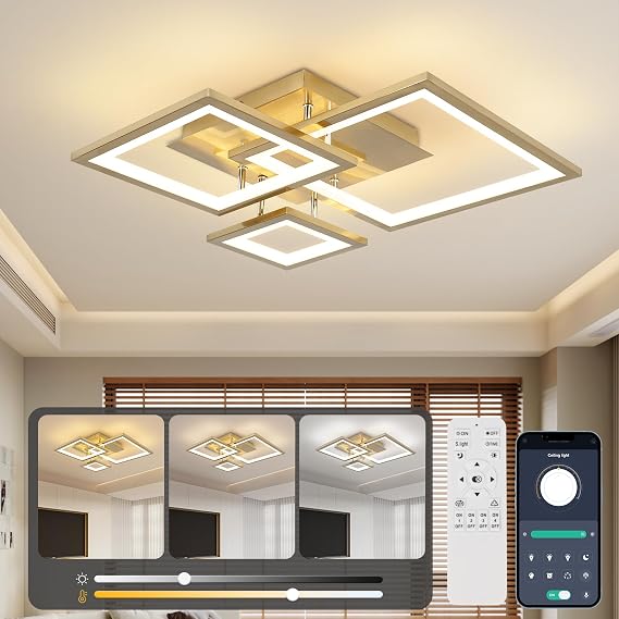 EIDISUNY Modern Led Ceiling Light 3-Square Design 3000K-6500K LED Dimmable Ceiling Lights with Remote Control Gold Ceiling Lighting Fixture for Bedroom Kitchen Dining Room Office Living Room - 36W [Energy Class E]