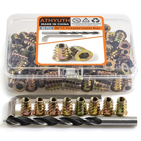 Threaded Inserts for Wood, 80 Pieces Zinc Alloy Thread Inserts Nuts for Soft Wood, Hex Socket Flanged Threaded Wood Inserts M6*15mm Screw Inserts for Wood Forniture