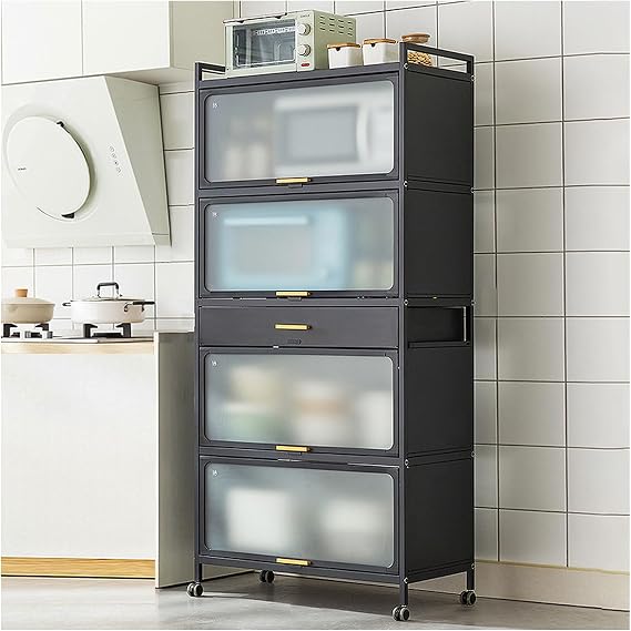 Tall Pantry Cabinet, Kitchen Pantry Storage Cabinets, with Wheels and Drawer, Metal Pantry Storage Cabinet, Cupboard for Kitchen, Dining Room, Bathroom,Black,80×170cm/31.5×67in