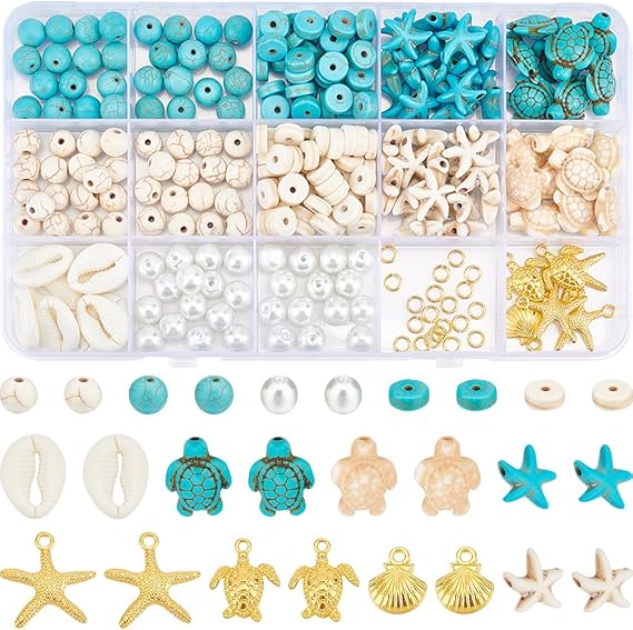 SUNNYCLUE 1 Box 292Pcs Sea Turtle Beads Seashell Starfish Beads Lucky Turquoise Bead Ocean Summer Hawaii Sea Animal Beaded Shell Charms for Jewellery Making Beading Kits Women DIY Craft Gift Supplies