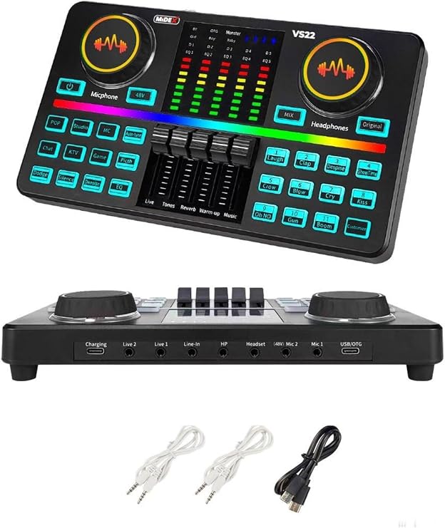 Midex VS22 Üst Seviye Stüdyo Kayıt Canlı Yayın Şarjlı Ses Kartı Efektli Radyo Mikseri (Telefon ve PC Podcast)