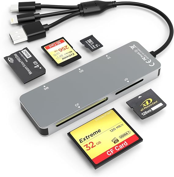 SD/TF/MS/CF/XD Card Reader Memory Stick Pro Duo Adapter - Multi Memory Card Reader Supports Micro SD/SD/Compact Flash/XD Picture Card, Lightning+USB A+USB C Camera Card Reader for iPhone/iPad/Mac