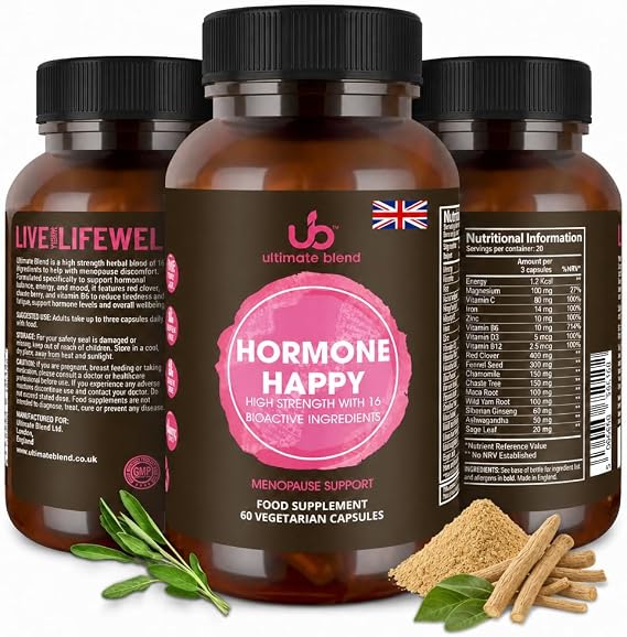 Hormone Happy Menopause Supplement for Women - 16 Active Ingredients - Energy, Hormonal Activity & Psychological Function - 60 Vegan Capsules - Red Clover & Sage Leaf - Daily Formula for Perimenopause