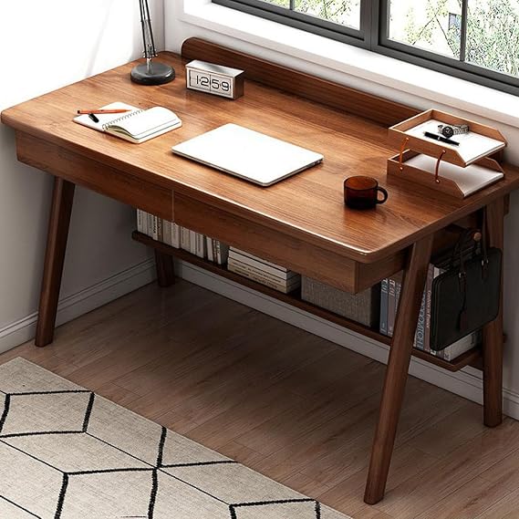 Modern Home Office Desk 100cm Wooden Writing Table with Drawer Small Computer Desk for Bedroom & Study Stylish Brown Workstation for Productivity