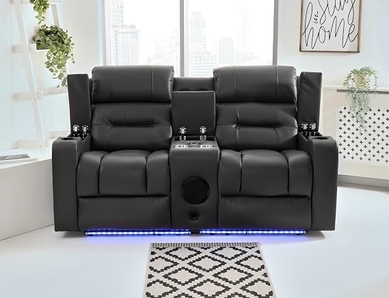 Sofahub Bolero Leather Electric Recliner Sofa With Cupholders - Leather Sofa - 2 Seater Sofa - USB Charging Port - LED Lights - Wireless Charging - Bluetooth Speakers - Cinema Sofa (Black, 2 seater)