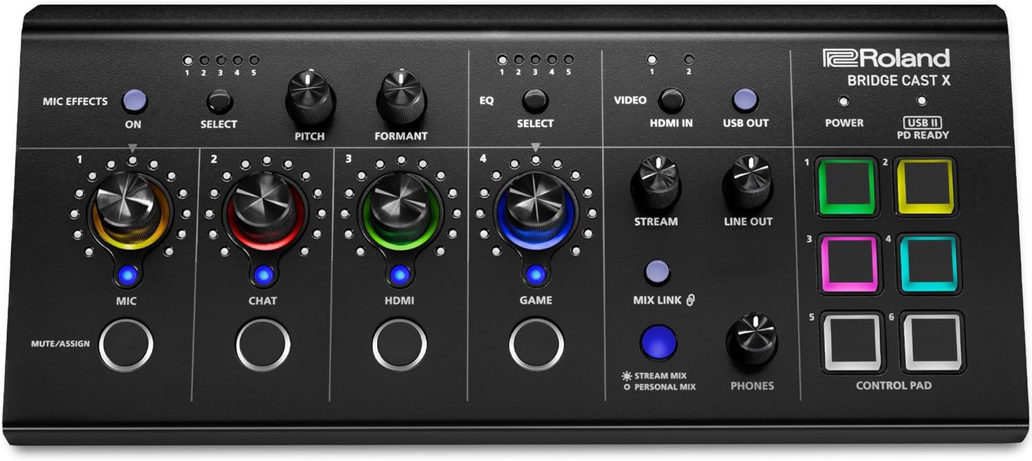 Roland BRIDGE CAST X Dual Bus Gaming Mixer &amp; Video Capture Pro Audio Streaming Interface for Online Gamers &amp; More 32-Bit Hardware DSP USB-C Windows and Mac Connectivity XLR Mic Support