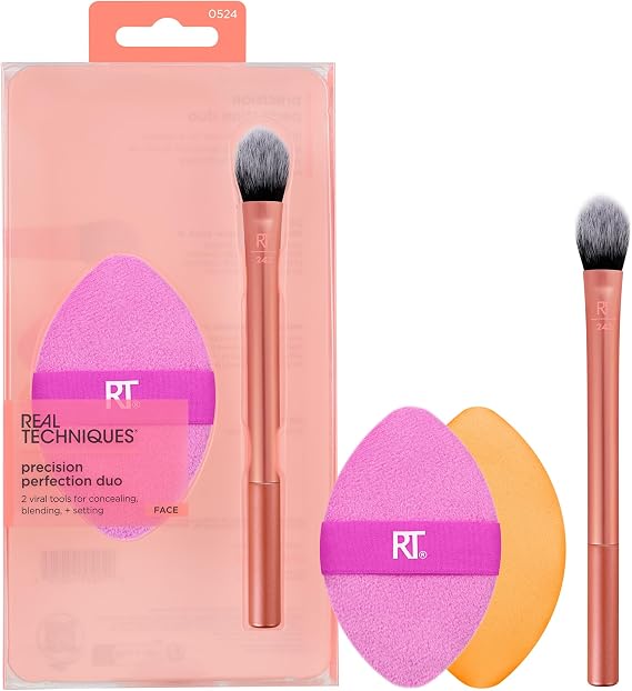 Real Techniques Precision Perfection Duo, Viral Kitten Paw Concealer Brush & Dual-Sided Powder Puff For Powder & Foundation, Travel Friendly Makeup Brush Set, Cruelty-Free, 2 Piece Set