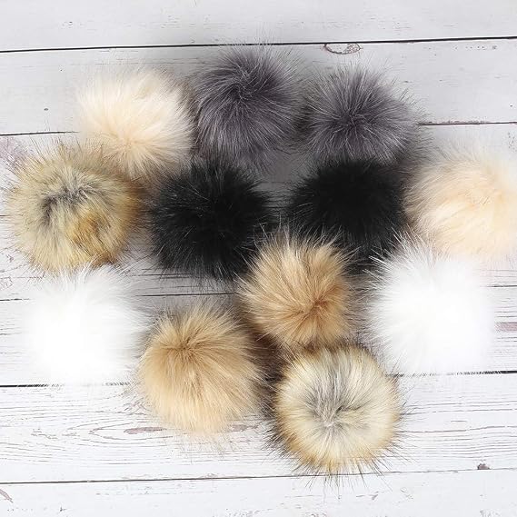 12Pcs Faux Fox Fur Fluffy Pompom Ball, Soft Faux Fur DIY Pompom Ball with Elastic Loop for Hats Keychains Scarves Gloves Bags Accessories,10cm (6 Colors,2pcs per Color) (A)