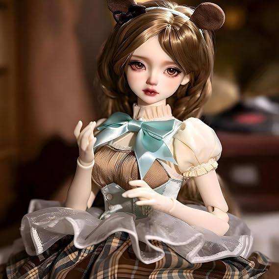 1/4 BJD Doll, Handmade SD Dolls With Makeup + Wig + Dress + Heels and Collectible Ornaments (Brown)