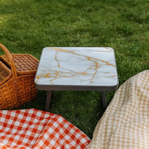 Deconox Mini Folding Camping Table | Abs Plastic Portable Picnic Table | Lightweight and Compact Balcony, Garden and Camping Table | Waterproof and Easy Installation (50cm*36cm*38cm) (WHITE MARBLE)