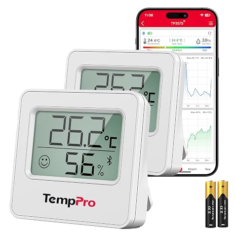 TempPro TP357 Bluetooth Hygrometer, Mini Room Thermometer with Alerts 2Pack