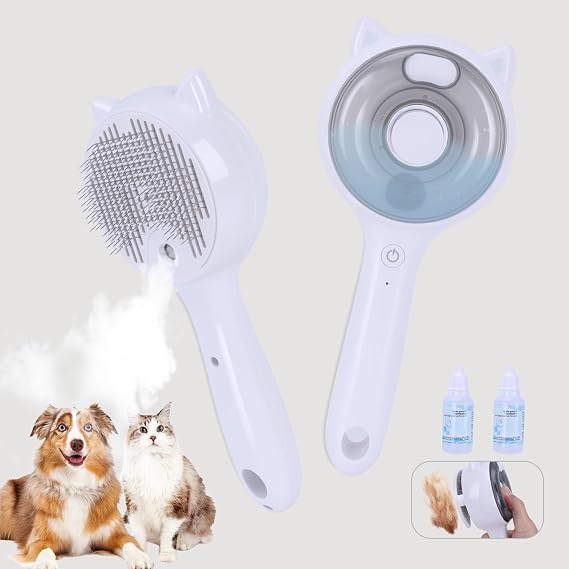 Pet Steam Brush for Cats & Dogs ，3-in-1 Pet Grooming Comb，Reduces Shedding, Soft Bristles, Promotes Healthy Coat- Includes Waterless Shampoo，White