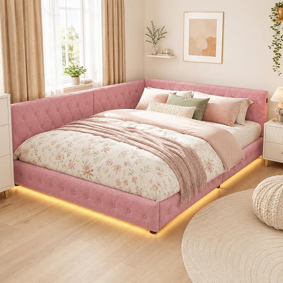 4FT6 Double Upholstered Bed Frame with LED and USB, Daybed 135x190cm, Corner Bed Frame with Padded Backrest, Low Platform Bed with Slatted Base for Adults Teens Bedroom Guest Room, Pink (Pink)