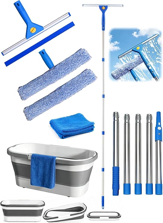 Window Cleaning Kit with (3Gal/12L) Collapsible Bucket, 175CM Long Handle