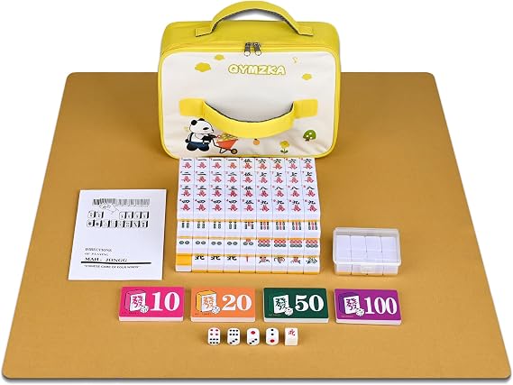 Chinese Small Mahjong Set, 144 Numbered Melamine 1.17" Size Tiles(Yellow) and 8 Blank Tiles, with Carrying Travel Bag, English Instruction, Mahjong Mat, Pro Complete Mahjongg Game Set (Majiang)