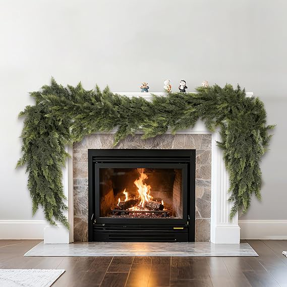 6 FT Artificial Cedar Garlands, Real Touch Winter Cedar Pine Garland,Artificial Green Faux Cedar Pine Garland for Fireplace Mantle Fireplace Indoor Outdoor Holiday Party Home Decoration (1, 6FT)