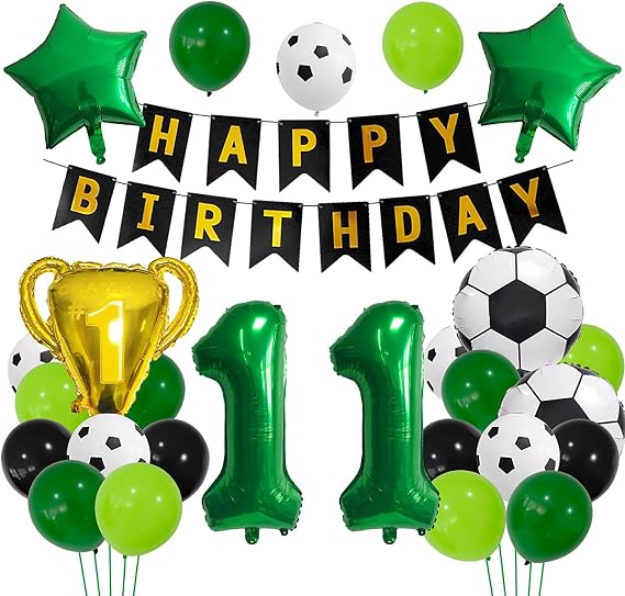 グリーンサッカーバルーン 11歳ホイルバルーン27個 11歳の誕生日サッカーデコレーション11、フットボールトロフィー 11バルーン、ブラックゴールドサッカースポーツテーマパーティー装飾 子供/男の子/11歳の誕生日パーティーの装飾