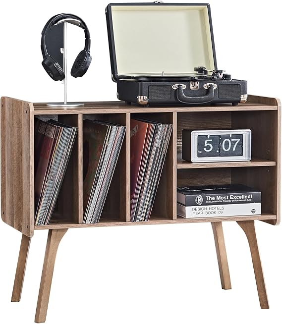 LELELINKY Record Player Stand, 4 Compartments, Holds Up to 220 Records