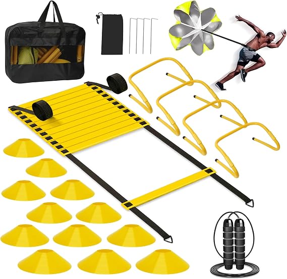 Agility Ladder Training Equipment Set for Children and Teenager | Yellow,Football Training Accessories,Football Training Gift,Include Agility Ladder,Cones,Hurdles,Jump Rope,Running Parachute