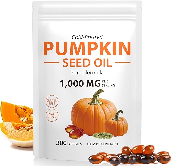 Pumpkin Seed Oil Capsules 1000mg Per Serving - 300 Softgels for Hair & Urinary Support - 2-in-1 Formula, Rich in Zinc & Omega Fatty Acids - Easy-to-Swallow