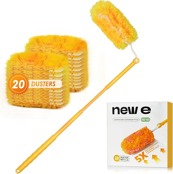 NEWE Duster Refills 20 PCS with Extendable Handle Compatible with Swiffer, 360 Degree Heavy Duty Dusting Kit with 5X Microfibers, Multi-Surface Dust Removing Tool for Cleaning Blinds Furniture