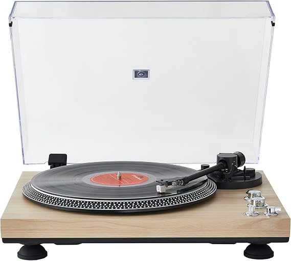 Lp-58w ヴィンテージターンテーブル、ベルトドライブ、33/45rpm、rca接続、アルミプラッター、ダストカバー付き木製キャビネット