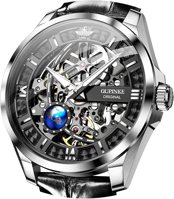 OUPINKE Skeleton Mens Automatic Watches Mechanical Luxury Dress Leather Self Winding Waterproof 50M/5ATM Luminous Watches for Men