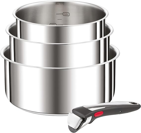Tefal Ingenio Preference On L898S334 4-Piece Frying Pans 6.3/7.1/20 cm and 1 Removable Handle, Induction, Stainless Steel, Stackable, Space-Saving, Made in China
