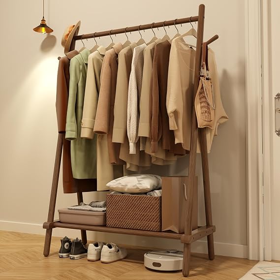 AQIMUELE Clothes Rail, Clothes Rack with Shelf and Hook, Sturdy and Portable, Garment Rack for Hanging Clothes, Coats, Skirts, Shoes, Bags for Bedroom Entryway, Easy to Assemble (Walnut)