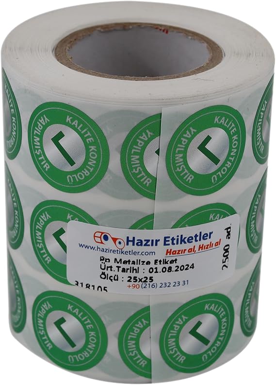 Metalize Kalite Kontrolü Yapılmıştır Etiketi 25mm Çap 2500 Adet Yan Yana 3 lü