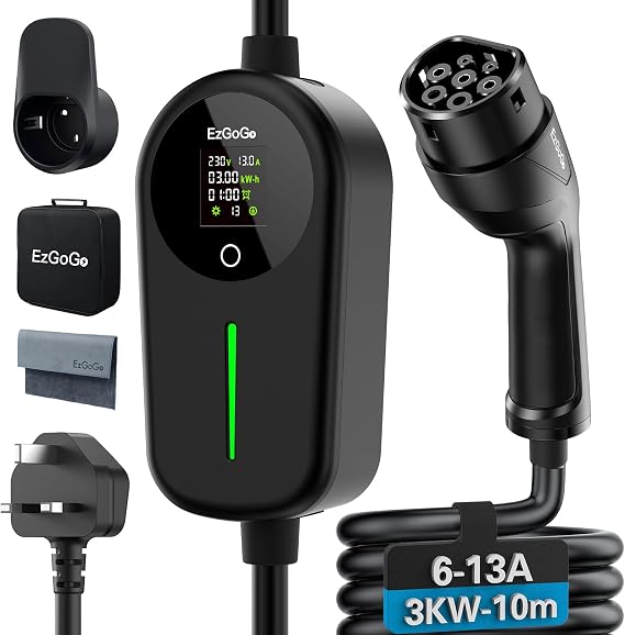EzGoGo EV Charger 3 Pin Plug 32.81Ft/10M 3kW 6-13A Type 2 Charging Cable
