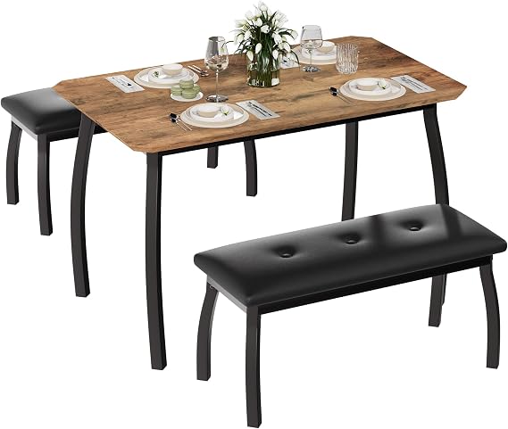 Space Saving Dining Table Set for 4, Modern Kitchen Table and Bench Set with Slide Under Benches for Small Apartments and Breakfast Nooks