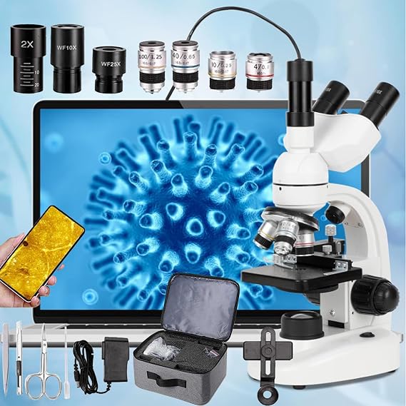 Trinocular Compound Microscope with WF10x and WF25x Eyepieces, 40x-5000x Magnification, LED Illumination, Two-Layer Mechanical Stage for Professional and Educational Use