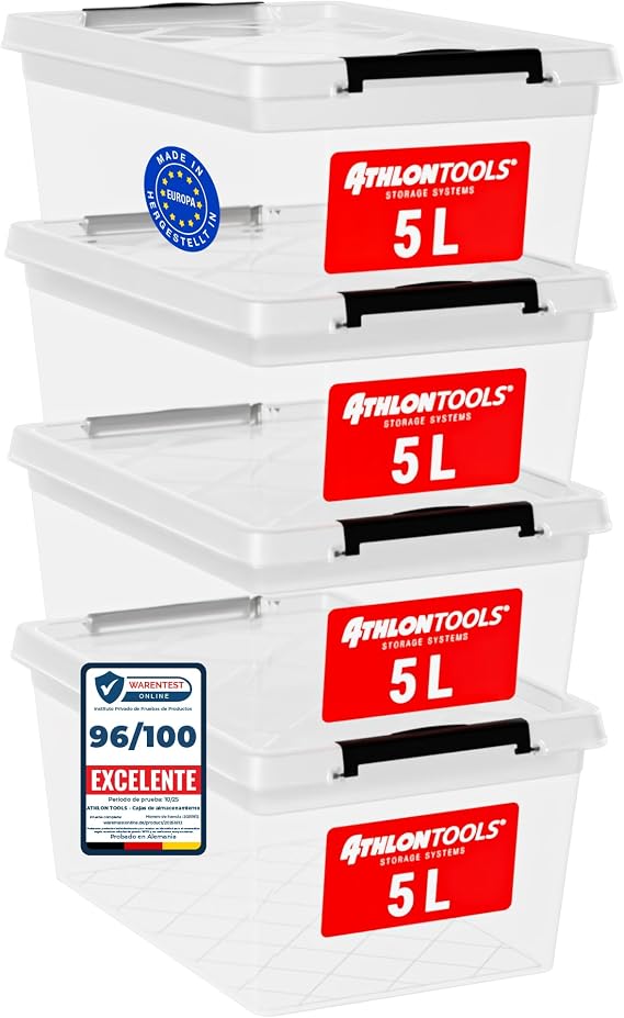 ATHLON TOOLS 4 x 5L Storage Boxes with Lid, Food Safe, Locking Clips, 100% Clear Plastic Box, Stackable Clothes Boxes