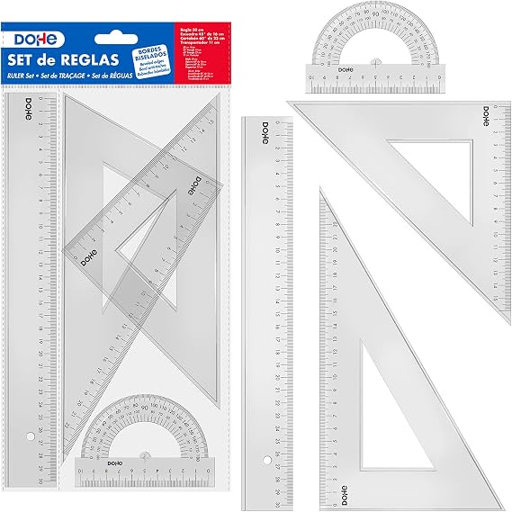Dohe - School Ruler Pack - 30 cm Ruler, Square, Cardboard and Protractor of Angles, School Supplies