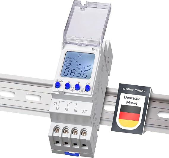 Digital 2 Channel Timer [TPW2] for DIN Rail for Installation in Control Cabinet - LCD Display Illuminated - Weekly Timer with 80 Program Slots - Weekly / Daily Program Timer and Pulse