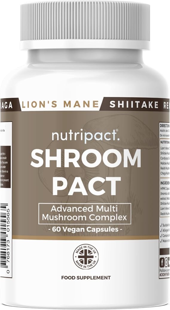Mushroom Complex 6-in-1 Capsules – 1800mg per Serving - Lion’s Mane with Reishi, Chaga, Cordyceps, Shiitake & Maitake – High Strength Vegan Supplement – 60 Capsules – Nutripact Shroompact