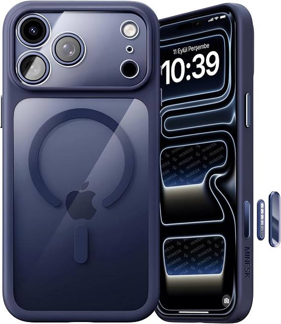 Minesk iPhone 17 Pro Max/18 Pro Max için Özel Geliştirilmiş Kamera Çerçevesini de Koruyan, Arkası Şeffaf Polikarbonat Kenarları Silikon Magsafe ile Uyumlu Kılıf Kapak (Mavi, 17 Pro Max/18 Pro Max)