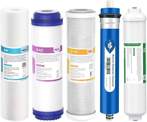 Membrane Solutions Universal 5 Stage Reverse Osmosis Filters with 75 GPD Membrane, Sediments, GAC Carbon, Carbon Block, Natural Coconut Postfilter, Replacement Set for Domestic Reverse Osmosis