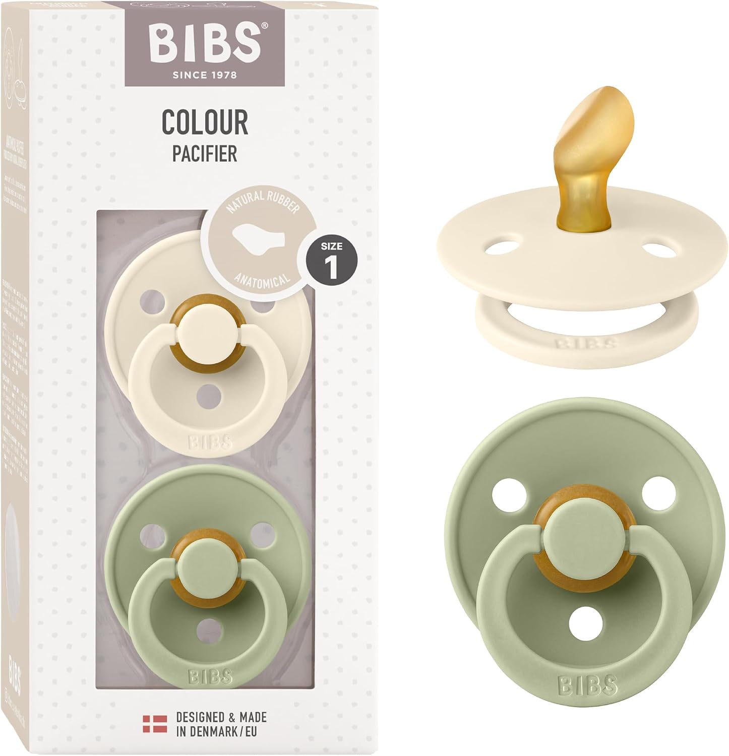 BIBS Colour Anatomical Soother 2-Pack, BPA Free Dummy Pacifier, Orthodontic Nipple. Natural Rubber Latex, Made in Denmark. 0-6 Months (Pack of 2), Ivory/Sage