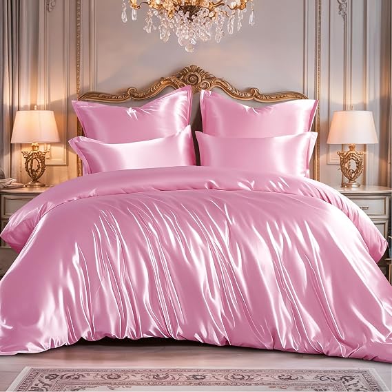 RUIKASI Satin Bedding Set Double Bed - Silky Duvet Cover Set for Hair and Skin, 3 Piece Duvet Set Quilt Cover with 2 Pillowcases, 200x200cm Pink