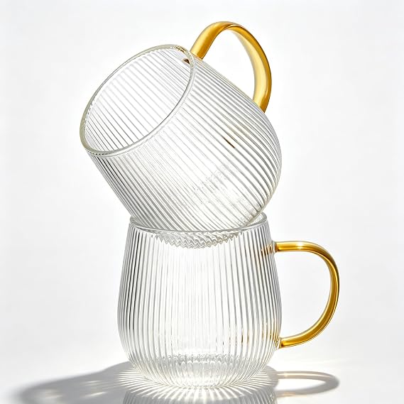 GLASKEY Borosilicate Glass Coffee Mugs Set of 2,370ml Glass Coffee Cups with Vertical Stripes Pattern,Clear Tea Cup for Cappuccino, Latte,Hot/Cold Beverages,Christmas Thanksgiving Gifts