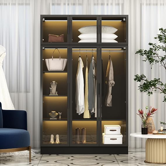 6 Door Tempered Glass Wardrobe with 5 Light Strips Wardrobe with Hangers and Shelves for Bedroom Dressing Room Black 120 x 48 x 190 cm MDF