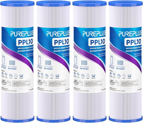 PUREPLUS 20 Micron 10"x2.5" Whole House Pleated Sediment Filter PPL10 4Pack