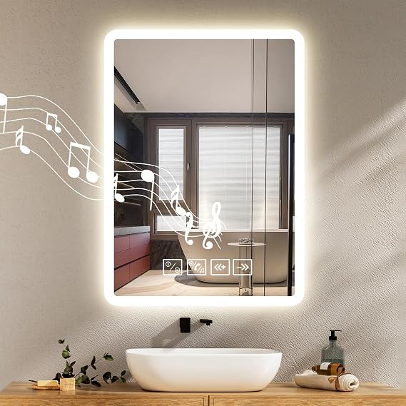 Bluetooth Bathroom Mirror with LED Lights 50x70cm,Light Up Bathroom Mirror with Anti-fog,Wall Mounted LED Mirrors with Touch Switch,3 Colours,Dimmable,Time Display,Memory Function